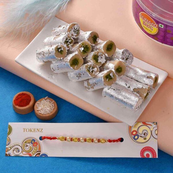 Pista Roll with Pearl and Golden Beads Rakhi- FOR USA