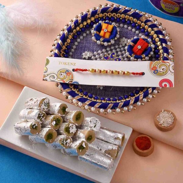 Peacemaker Golden-Pearl rakhi with Pista Roll and 6 inch thali.- FOR USA