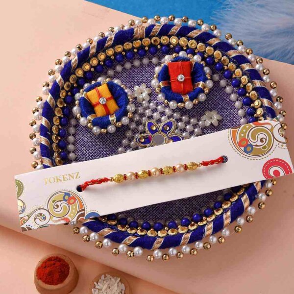 Peacemaker Golden-Pearl rakhi with Pista Roll and 6 inch thali.- FOR USA