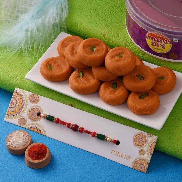 Kesar Peda Paired with Colourful Beads Rakhi