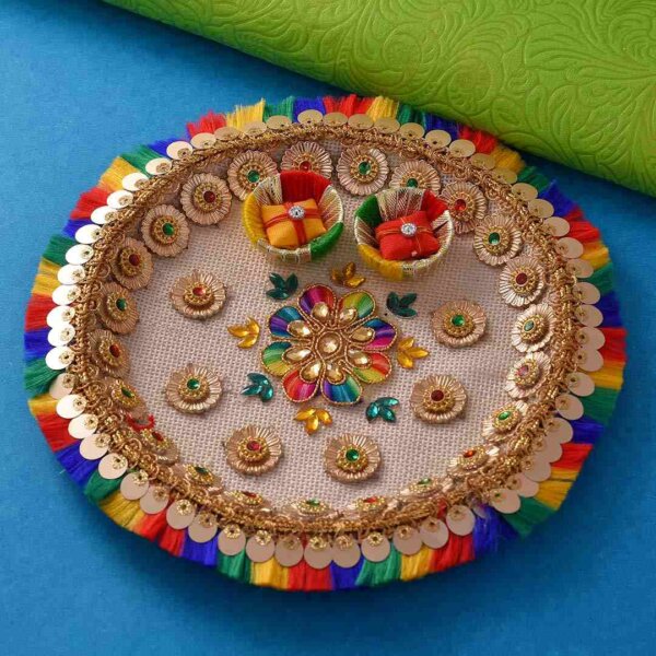 Unique Red-Green Rakhi with Kesar peda and thali.