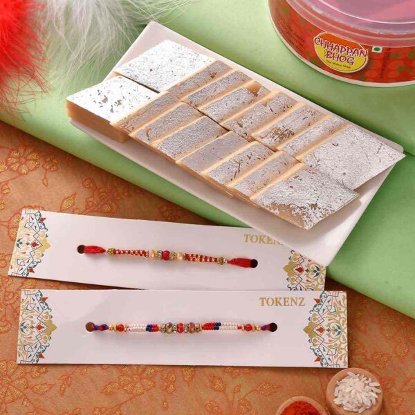 Set of 2  Red White and Golden Beads Rakhiand 200 gms Kaju Katli- FOR USA