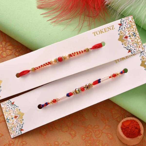 Set of 2  Red White and Golden Beads Rakhiand 200 gms Kaju Katli- FOR USA