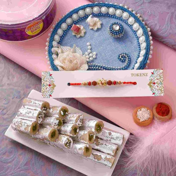 Rudraksh with red-wooden beads,Pista Roll and Thali- FOR USA