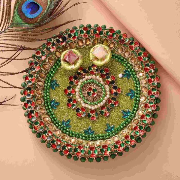 Elegant white beads and Rudraksh Rakhi with Kaju Barfi & 5inch Thali- FOR USA