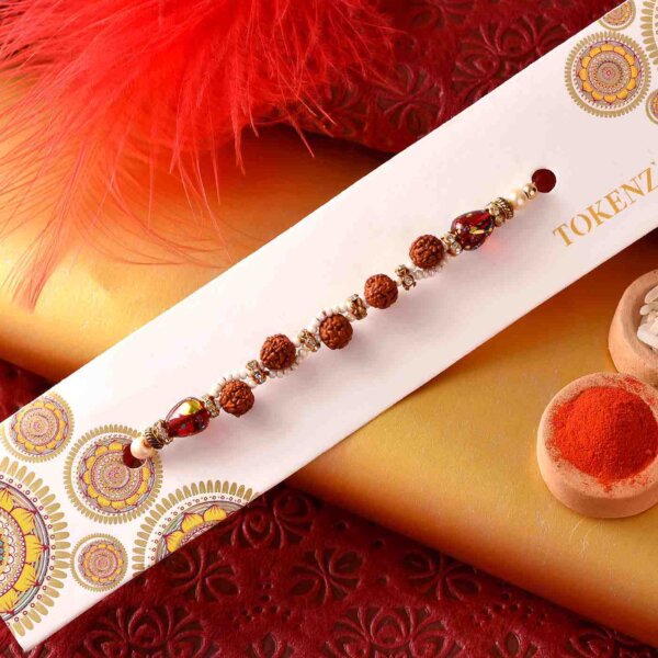 Elegant white beads and Rudraksh Rakhi with Kaju Barfi & 5inch Thali- FOR USA
