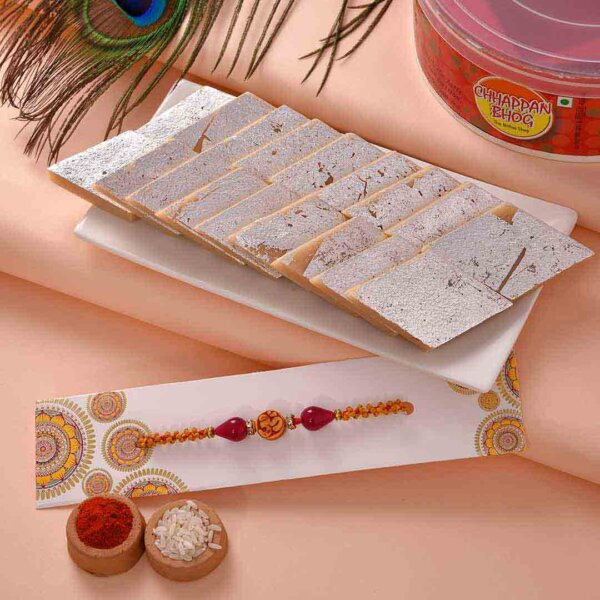 Beautiful Om and Wooden Beads Rakhi Thread with Mouthwatering Kaju Katli.- FOR USA