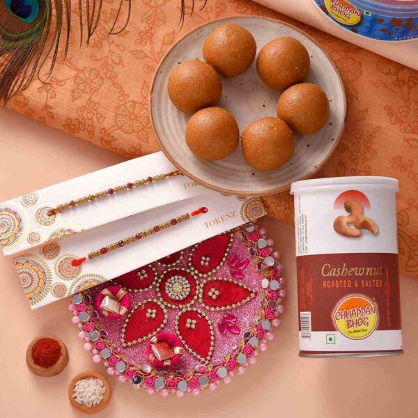 Pleasing stone studded Set of 2 Rakhi thali with besan ladoo and almonds- FOR USA
