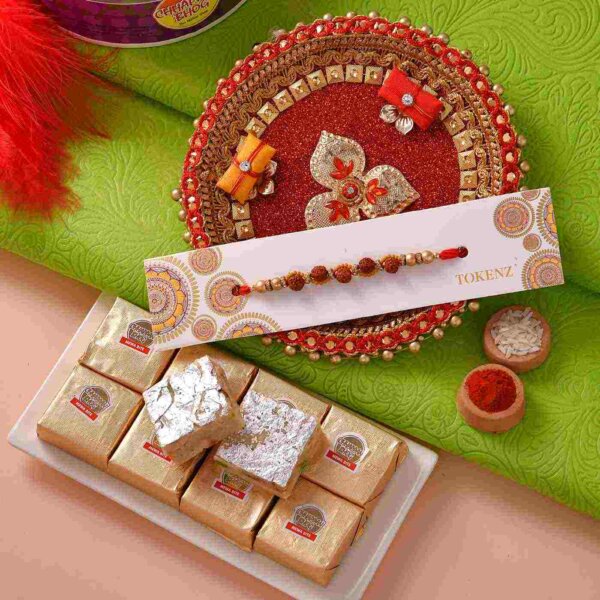Traditional Rudraksh rakhi with Mewa bites & thali- FOR USA