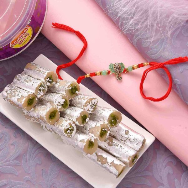 Pista Roll with Designer Ganesha Face and Beads Rakhi- FOR USA