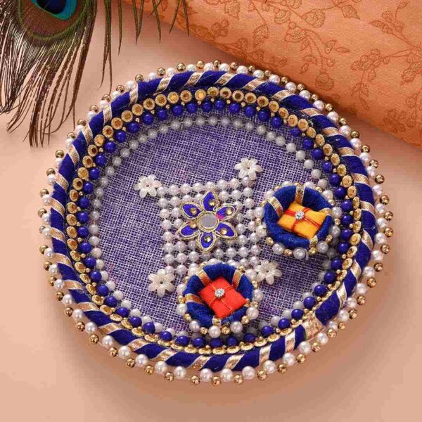 Lovely Crystall-Rudraksh rakhi with besan ladoo and thali- FOR USA