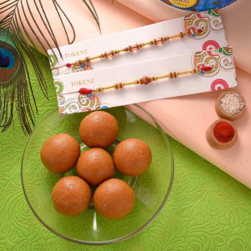 Red and Golden Beads with rudraksh Rakhi