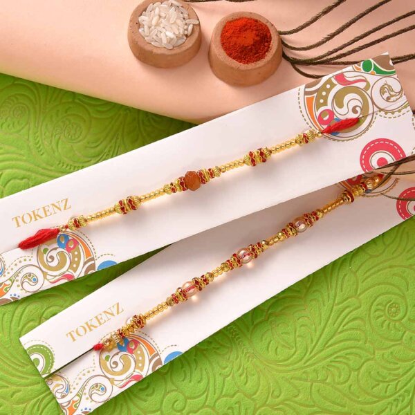 Red and Golden Beads with rudraksh Rakhi- FOR USA