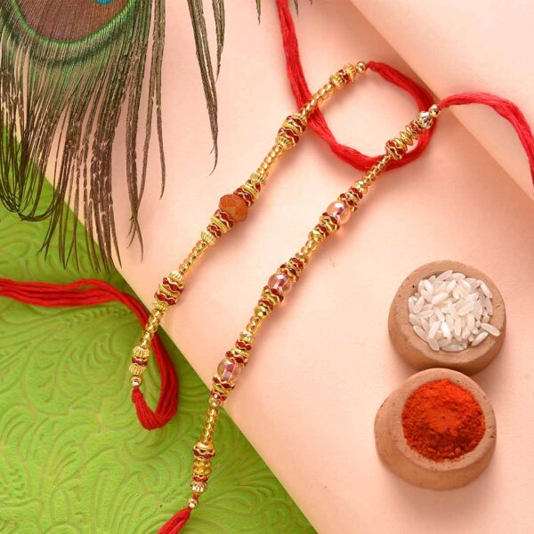 Red and Golden Beads with rudraksh Rakhi