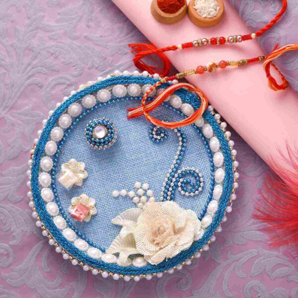 Fancy set of 2 red beaded rakhi with Blue thali- FOR USA