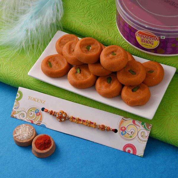 Kesar Peda Paired with Flower and Beads Rakhi