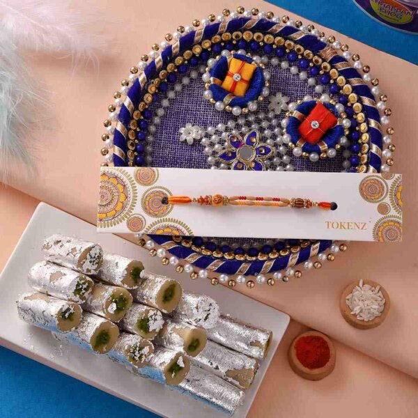Two Strand Om Rakhi with Pista Roll & thali.- FOR USA