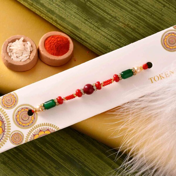 Red round beads & Green Rakhi with 6 inch colorful thali- FOR USA