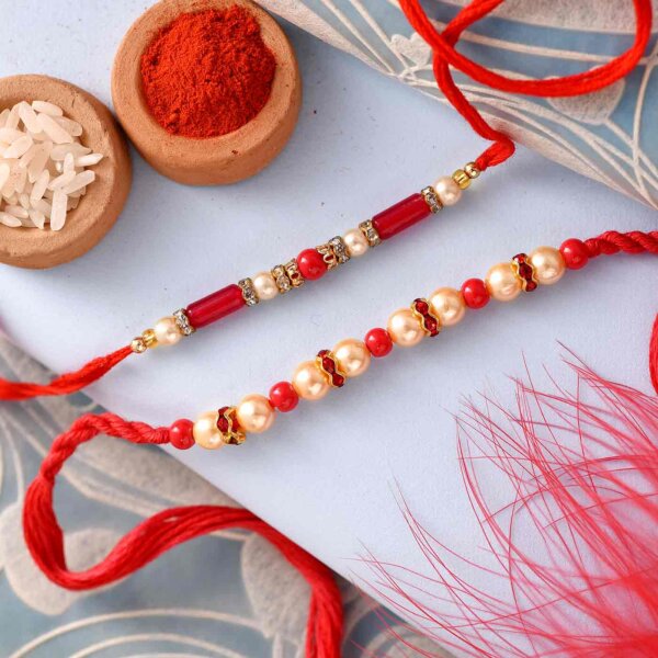 Red beads & Pearl set of 2 rakhi with thali set