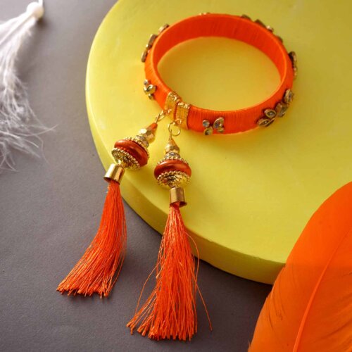 Orange Lumba Rakhi With Danglers & Sequins