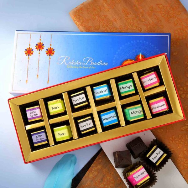 Handmade Assorted Chocolate Box (12 Piece )Flavours :Hazelnut , Paan ,Mango,Butter scotch , Pani puri, Strawberry
