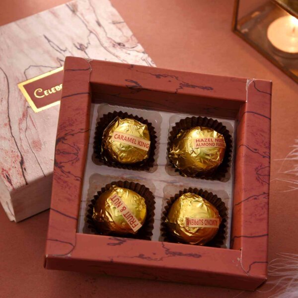 Handmade Assorted chocolate Box (4 Pieces){Hazelnuts Almond Fudge, Coffe Bites, Almond Supreme, Carmel King}