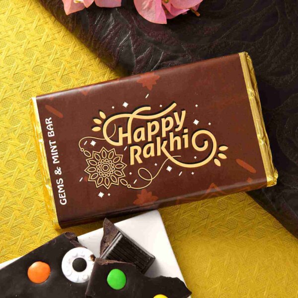 Golden Rakhi With Handmade Gems & Mint Chocolate Bar (100 Gms), Cranberry Biscotii (300gm )