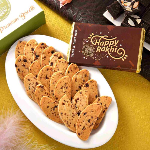 Golden Rakhi With Handmade Gems & Mint Chocolate Bar (100 Gms), Cranberry Biscotii (300gm )- FOR USA