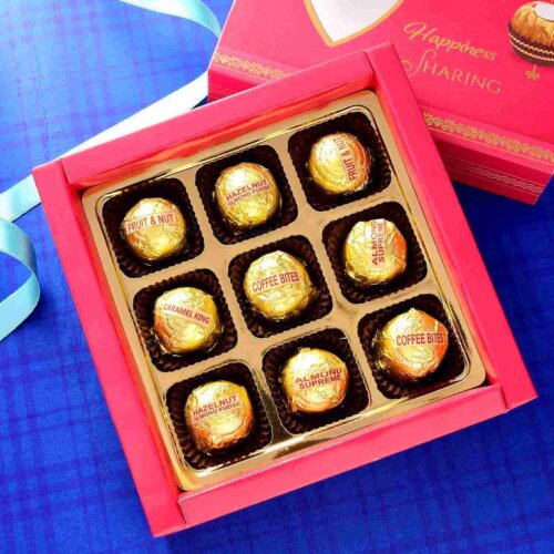 Handmade Assorted chocolate Box (9 Pieces){Hazelnuts Almond Fudge, Coffe Bites, Almond Supreme, Carmel King}