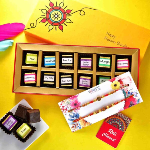 Set Of 2 Colorful Beads Rakhis With A 12 Piece Handmade Assorted chocolate Box- FOR USA