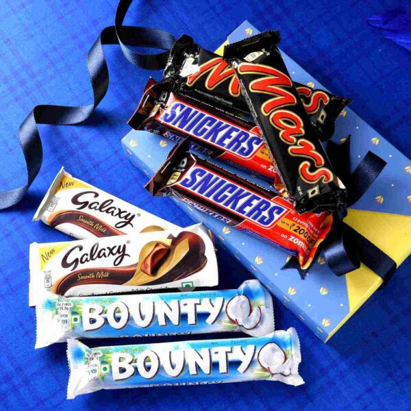 2 Galaxy Chocolate Bars(30 Gms each), 2 Snickers Chocolate Bars (45 Gms each), 2 Mars Chocolate Bars (45 Gms each), 2 Bounty Chocolate Bars (57 Gms each)