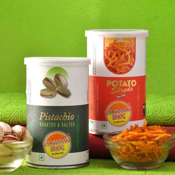 Roasted & salted Pistachios Can (100 gm), Potato shreds (60 Gms)