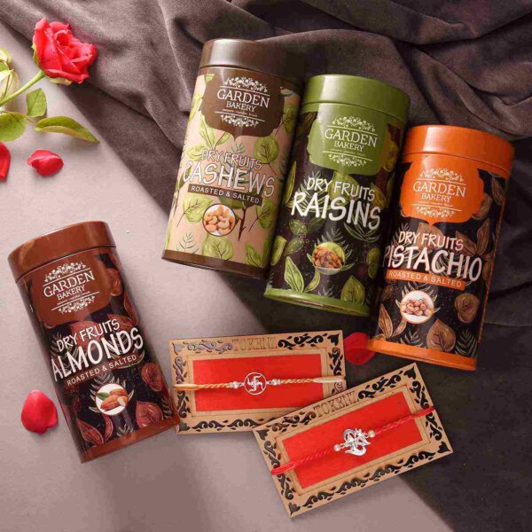 Set Of 2 Swastik & Designer Silver Rakhis With Set Of 4 Exotic Dry Fruit Cans