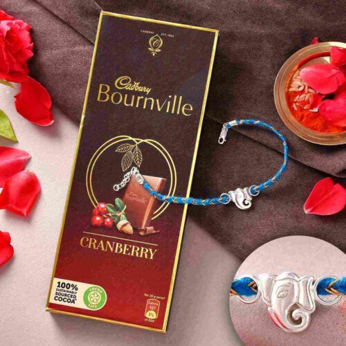 Bracelet Style Silver Ganpati Rakhi With Cadbury Bournville Cranberry