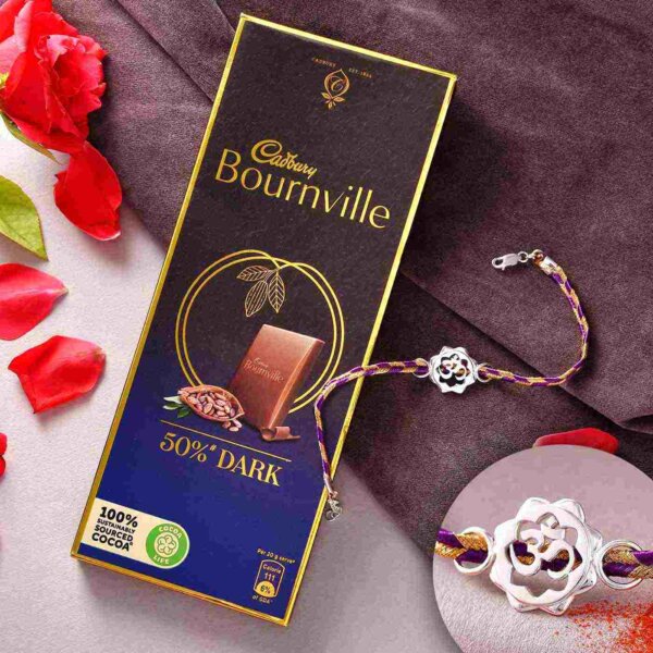 Bracelet Style Silver OM Rakhi With Cadbury Bournville 50% Dark