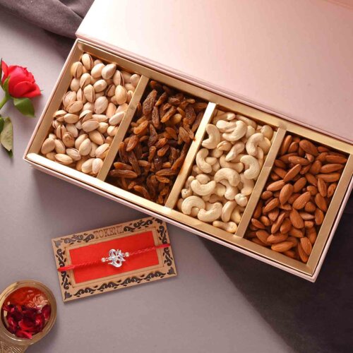 Exclusive Silver Design Rakhi With Dry Fruit Box