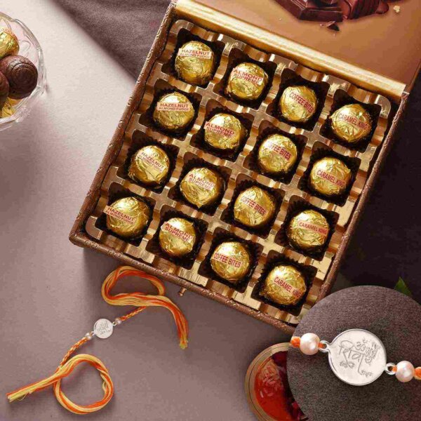 Designer Silver Rakhi With Handmade Assorted Chocolate Box (16 nos.)