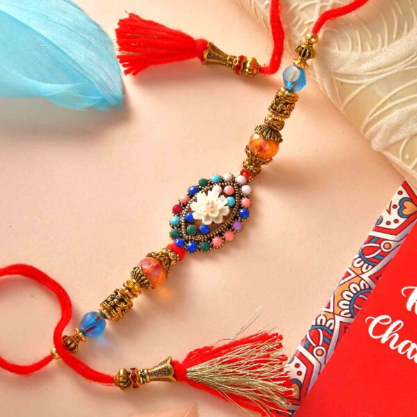 Colorful Beads Rakhi With Gems & Mint Chocolate Bar (100 Gms), Coffe Biscottis (300gm)