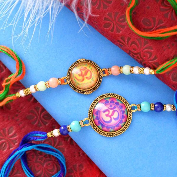 Set Of 2 OM Rakhis With Colorful Pearls