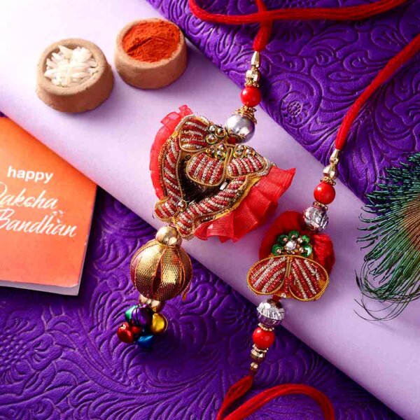 Designer Red Theme Bhai-Bhabhi Rakhi Set With Silver Balls