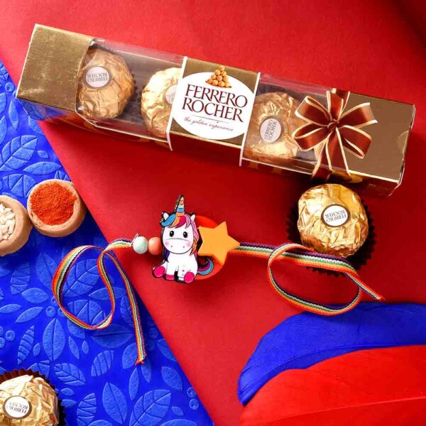 Unicorn Rakhi With A Multi-Color Strap & Ferrero Rocher (3  pcs..)