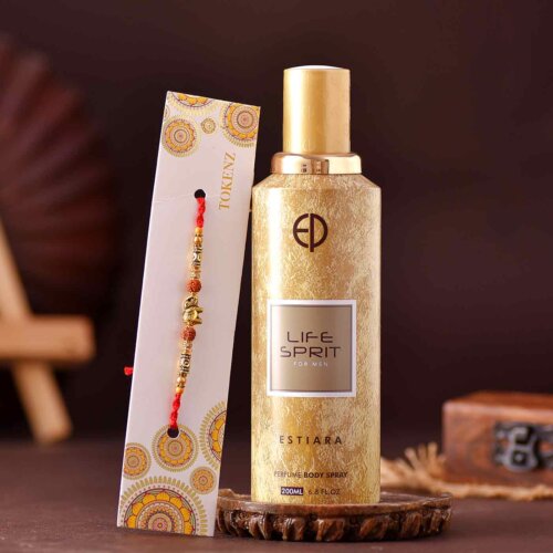 Royal Elephant Rudraksha Rakhi & Life Spirit Perfume Body Spray Combo