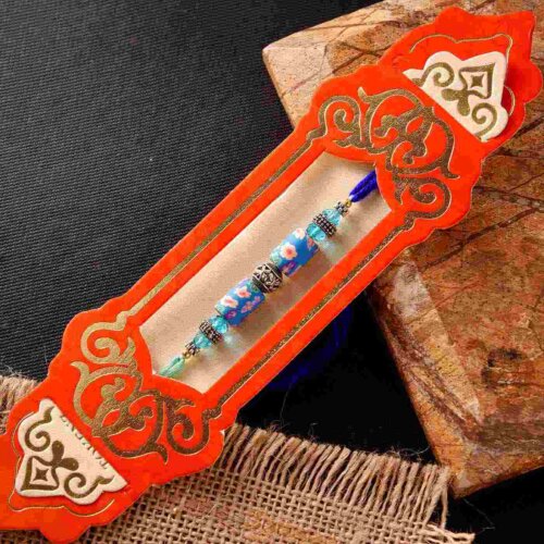 Classy Blue Beads & Oxidised Ring Rakhi KS Sprak Pocket Perfume Spray Combo
