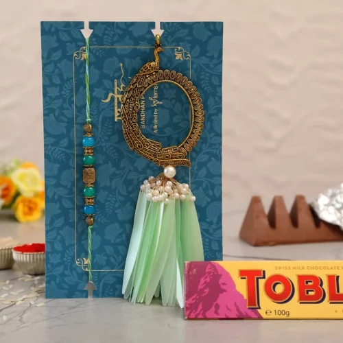Feather Pearl Designer Lumba Rakhi Set With Toblerone Chocolate