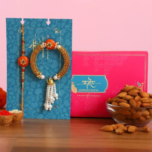 Orange Pearl And Lumba Rakhi Set With Healthy Almonds