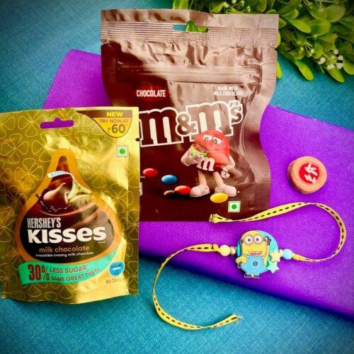 Minion Rakhi with M&M & Hershey's Kisses Chocolates