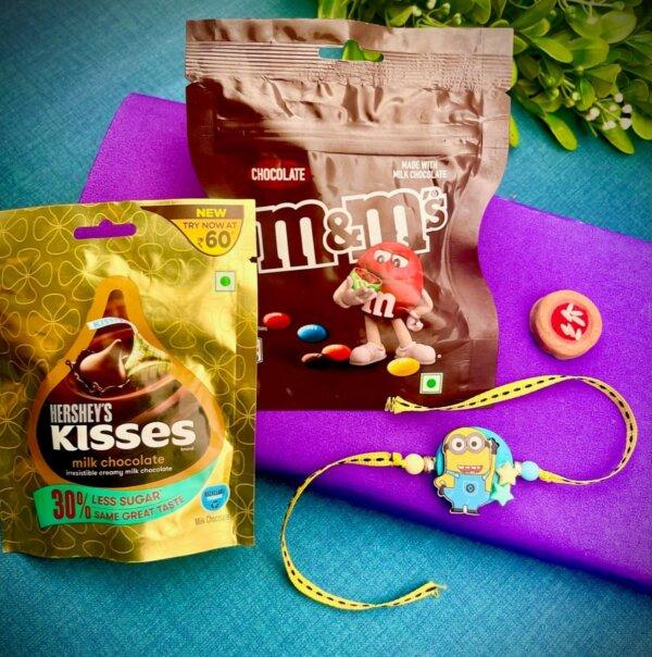 Minion Rakhi with M&M & Hershey's Kisses Chocolates- FOR USA