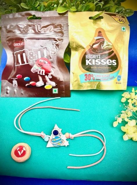 Triangular Astronaut Rakhi with M&M and Kisses Chocolate- FOR USA