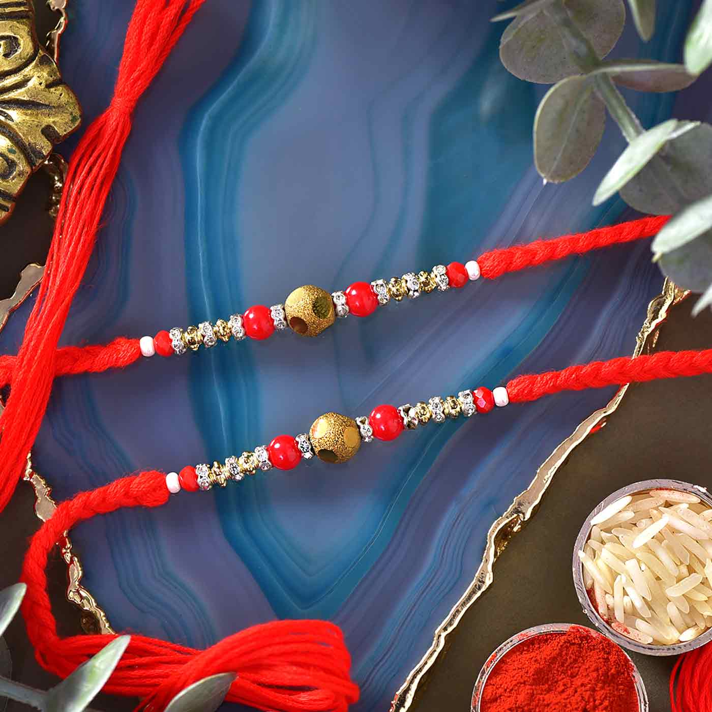 Red and Gold Beaded Set of 2 Rakhis