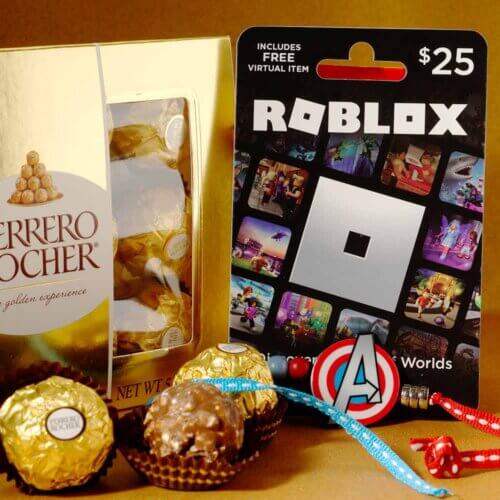 Gamer's Rakhi Hamper: Super Hero Rakhi with Ferrero Rocher and Roblox Gift Card